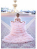 Pink Tulle Ruffled High Low Flower Girl Dress With Removable Train